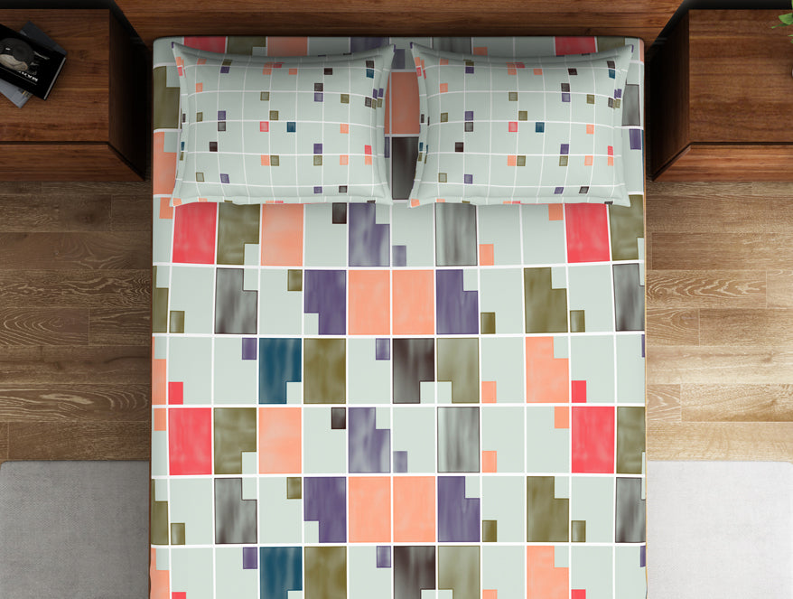 Geometric Fairest Jade - Light Green 100% Cotton Double Bedsheet - Color Block By Spaces