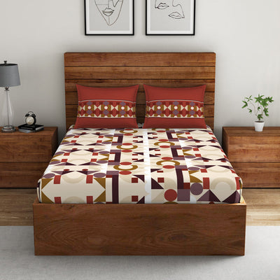 Geometric Ketchup - Dark Red 100% Cotton Double Bedsheet - Color Block By Spaces