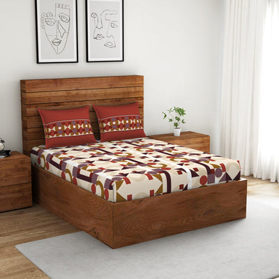 Geometric Ketchup - Dark Red 100% Cotton Double Bedsheet - Color Block By Spaces