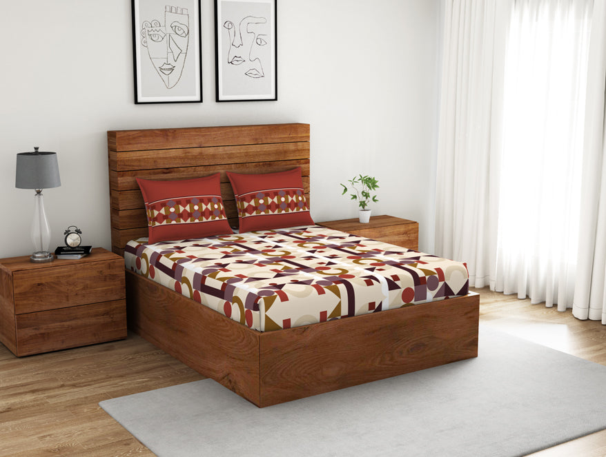 Geometric Ketchup - Dark Red 100% Cotton Double Bedsheet - Color Block By Spaces