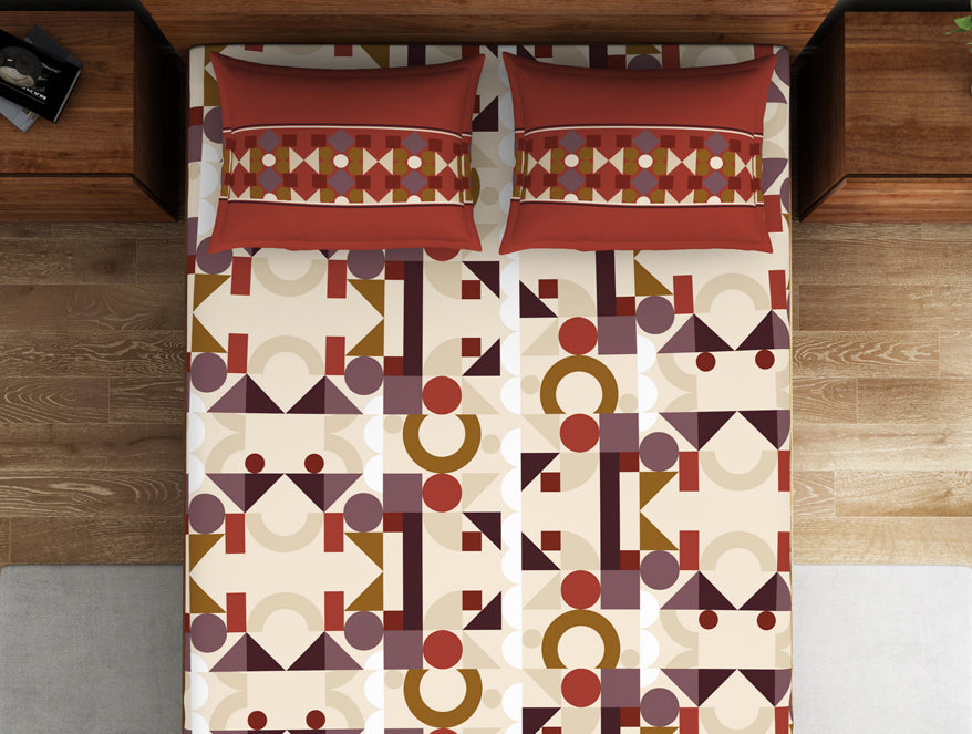 Geometric Ketchup - Dark Red 100% Cotton Double Bedsheet - Color Block By Spaces