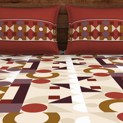 Geometric Ketchup - Dark Red 100% Cotton Double Bedsheet - Color Block By Spaces