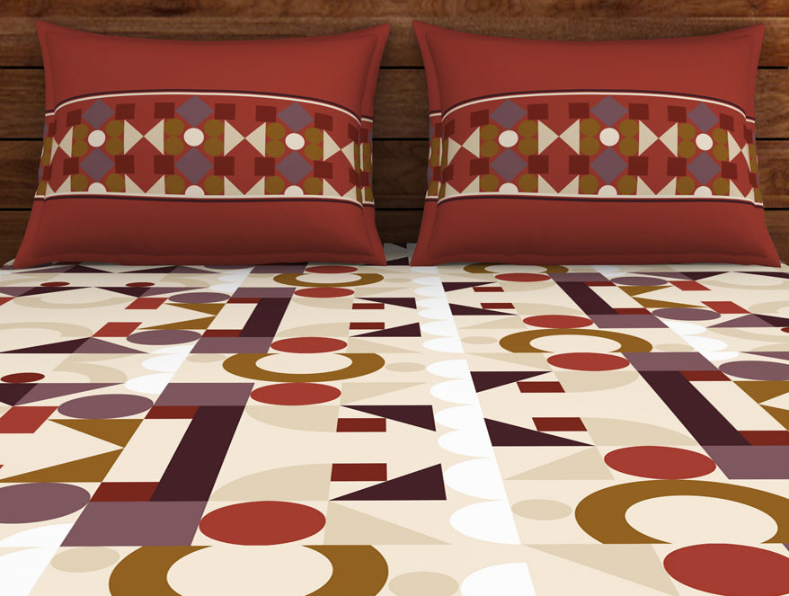 Geometric Ketchup - Dark Red 100% Cotton Double Bedsheet - Color Block By Spaces