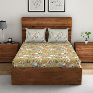 Floral Rich Gold - Dark Yellow 100% Cotton Double Bedsheet - Boho Florals By Spaces