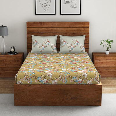 Floral Rich Gold - Dark Yellow 100% Cotton Double Bedsheet - Boho Florals By Spaces