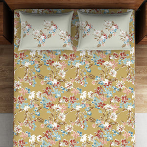 Floral Rich Gold - Dark Yellow 100% Cotton Double Bedsheet - Boho Florals By Spaces