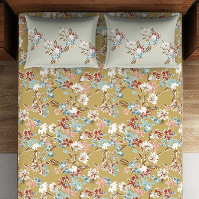 Floral Rich Gold - Dark Yellow 100% Cotton Double Bedsheet - Boho Florals By Spaces
