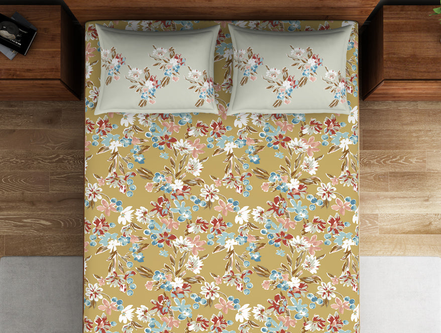 Floral Rich Gold - Dark Yellow 100% Cotton Double Bedsheet - Boho Florals By Spaces