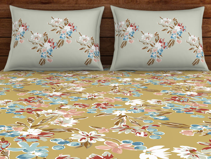 Floral Rich Gold - Dark Yellow 100% Cotton Double Bedsheet - Boho Florals By Spaces