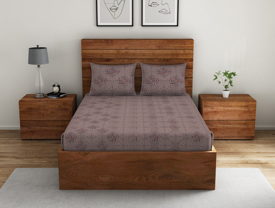 Geometric Shadow Gray - Light Brown 100% Cotton Double Bedsheet - Morroccan By Spaces