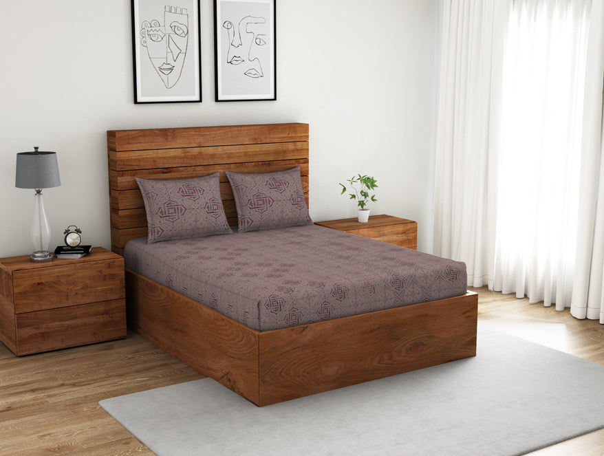 Geometric Shadow Gray - Light Brown 100% Cotton Double Bedsheet - Morroccan By Spaces