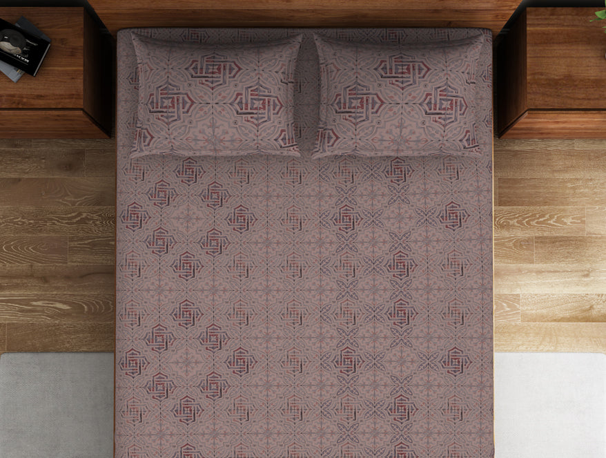 Geometric Shadow Gray - Light Brown 100% Cotton Double Bedsheet - Morroccan By Spaces