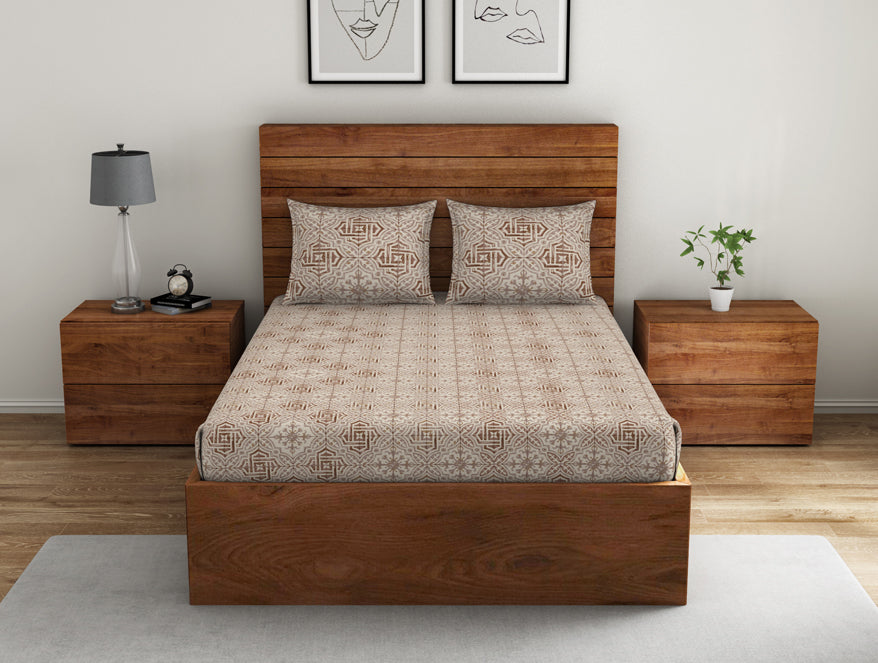Geometric Turtledove - Light Taupe 100% Cotton Double Bedsheet - Morroccan By Spaces
