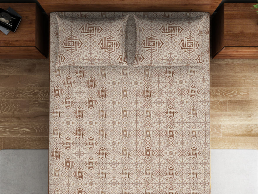 Geometric Turtledove - Light Taupe 100% Cotton Double Bedsheet - Morroccan By Spaces