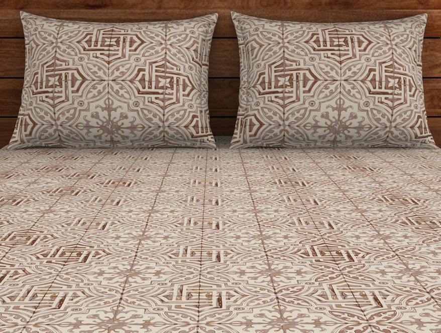 Geometric Turtledove - Light Taupe 100% Cotton Double Bedsheet - Morroccan By Spaces