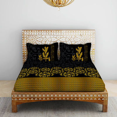Floral Black 100% Cotton King Size Bedsheet - Gold - Rangana By Spaces