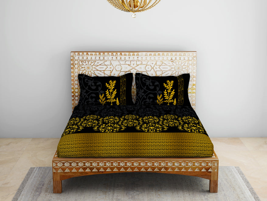 Floral Black 100% Cotton King Size Bedsheet - Gold - Rangana By Spaces