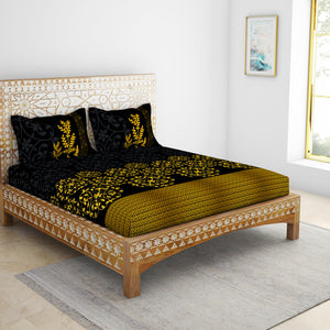 Floral Black 100% Cotton King Size Bedsheet - Gold - Rangana By Spaces