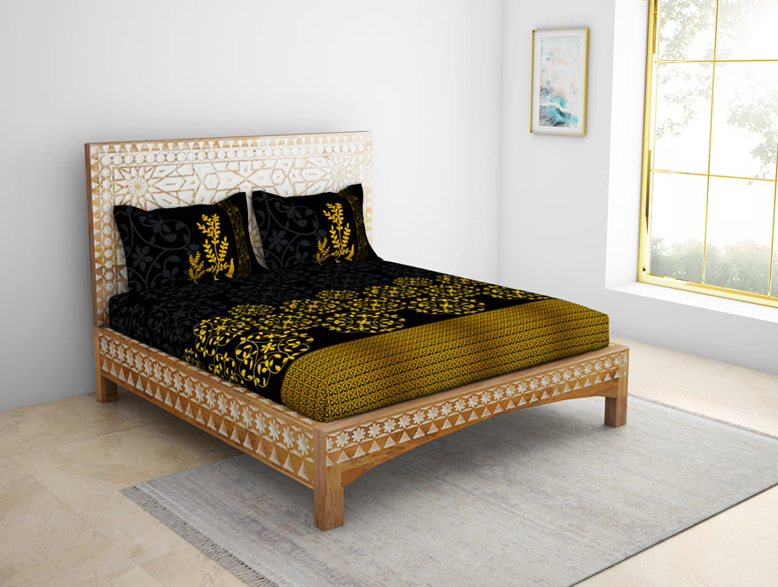 Floral Black 100% Cotton King Size Bedsheet - Gold - Rangana By Spaces
