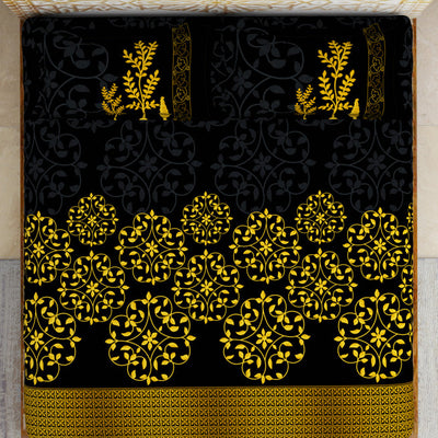 Floral Black 100% Cotton King Size Bedsheet - Gold - Rangana By Spaces
