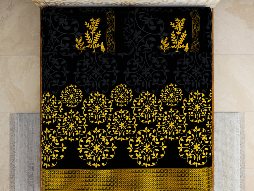 Floral Black 100% Cotton King Size Bedsheet - Gold - Rangana By Spaces