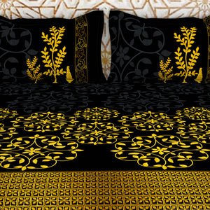 Floral Black 100% Cotton King Size Bedsheet - Gold - Rangana By Spaces