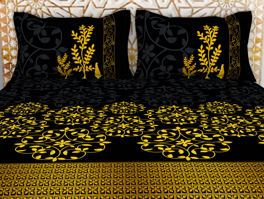 Floral Black 100% Cotton King Size Bedsheet - Gold - Rangana By Spaces