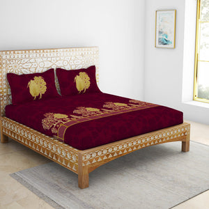 Floral Pichwai Cerise - Dark Pink 100% Cotton King Size Bedsheet - Gold - Rangana By Spaces