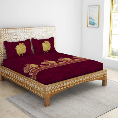 Floral Pichwai Cerise - Dark Pink 100% Cotton King Size Bedsheet - Gold - Rangana By Spaces