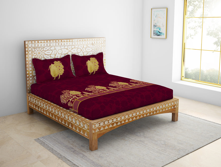 Floral Pichwai Cerise - Dark Pink 100% Cotton King Size Bedsheet - Gold - Rangana By Spaces