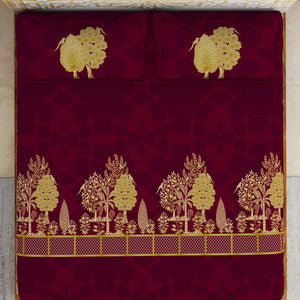 Floral Pichwai Cerise - Dark Pink 100% Cotton King Size Bedsheet - Gold - Rangana By Spaces