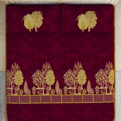Floral Pichwai Cerise - Dark Pink 100% Cotton King Size Bedsheet - Gold - Rangana By Spaces