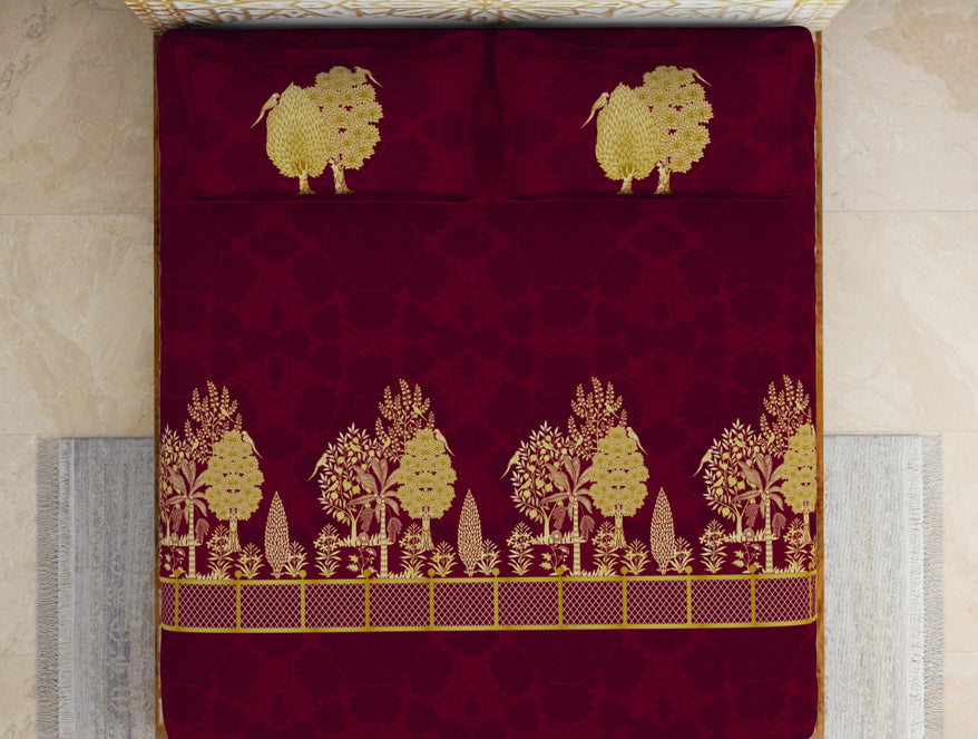 Floral Pichwai Cerise - Dark Pink 100% Cotton King Size Bedsheet - Gold - Rangana By Spaces