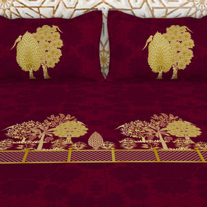 Floral Pichwai Cerise - Dark Pink 100% Cotton King Size Bedsheet - Gold - Rangana By Spaces