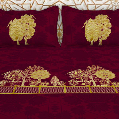 Floral Pichwai Cerise - Dark Pink 100% Cotton King Size Bedsheet - Gold - Rangana By Spaces