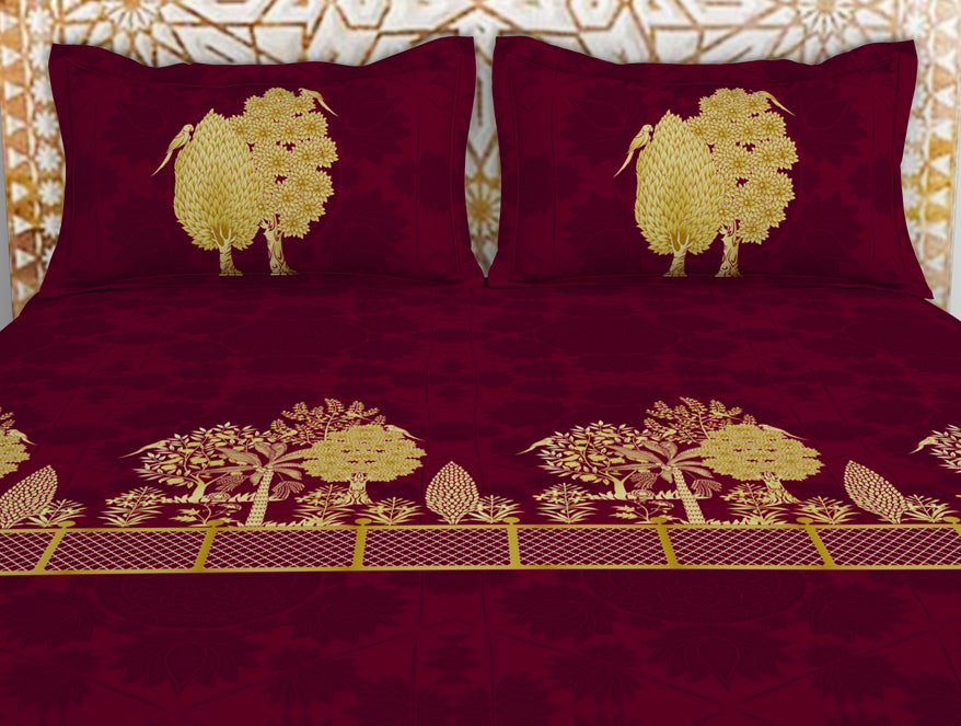 Floral Pichwai Cerise - Dark Pink 100% Cotton King Size Bedsheet - Gold - Rangana By Spaces