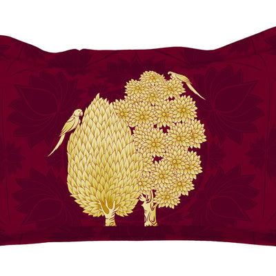 Floral Pichwai Cerise - Dark Pink 100% Cotton King Size Bedsheet - Gold - Rangana By Spaces