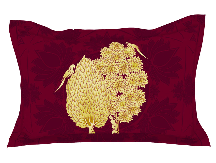 Floral Pichwai Cerise - Dark Pink 100% Cotton King Size Bedsheet - Gold - Rangana By Spaces