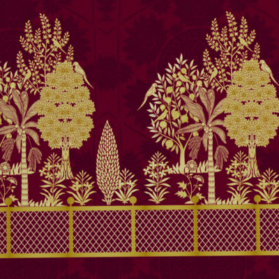 Floral Pichwai Cerise - Dark Pink 100% Cotton King Size Bedsheet - Gold - Rangana By Spaces