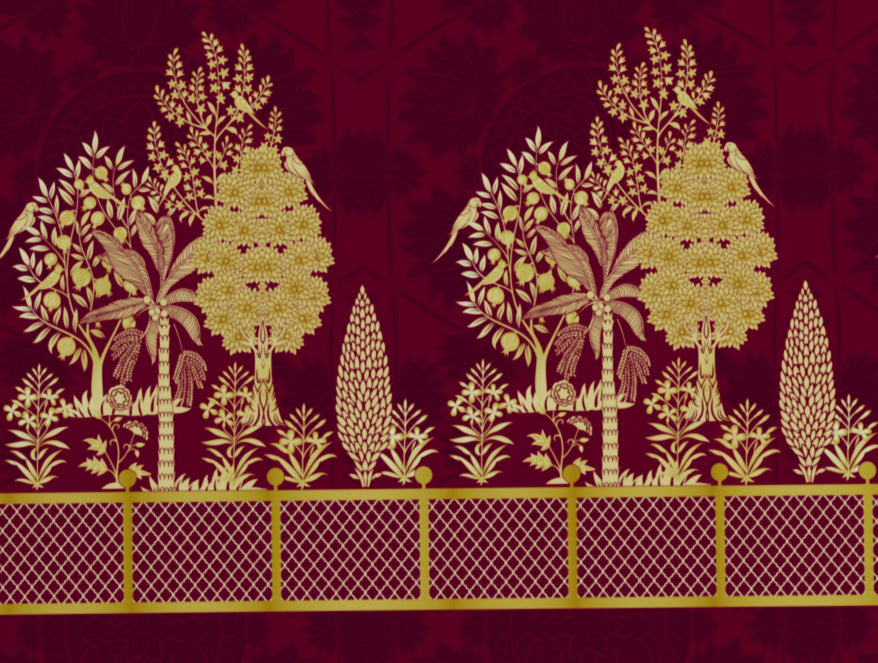 Floral Pichwai Cerise - Dark Pink 100% Cotton King Size Bedsheet - Gold - Rangana By Spaces