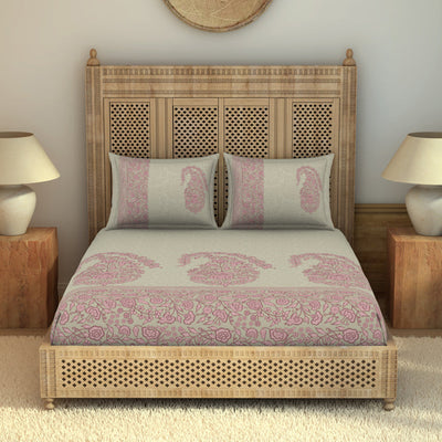 Floral Mellow Rose - Blush 100% Cotton King Size Bedsheet - Chamba Rumal - Rangana By Spaces