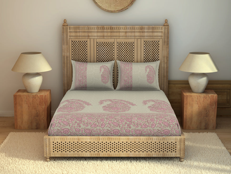 Floral Mellow Rose - Blush 100% Cotton King Size Bedsheet - Chamba Rumal - Rangana By Spaces