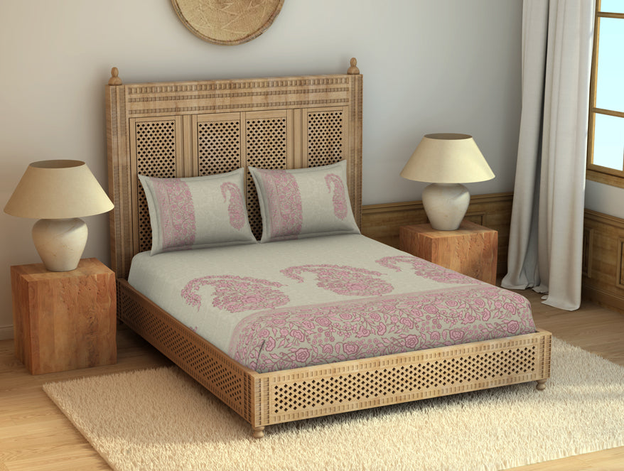 Floral Mellow Rose - Blush 100% Cotton King Size Bedsheet - Chamba Rumal - Rangana By Spaces