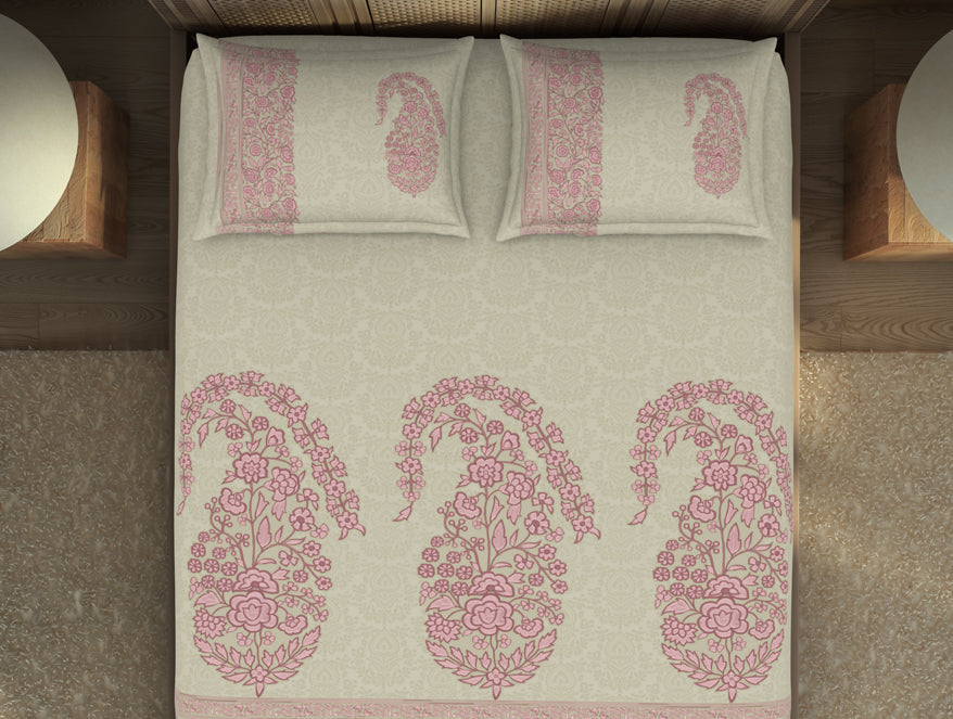 Floral Mellow Rose - Blush 100% Cotton King Size Bedsheet - Chamba Rumal - Rangana By Spaces
