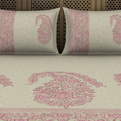 Floral Mellow Rose - Blush 100% Cotton King Size Bedsheet - Chamba Rumal - Rangana By Spaces