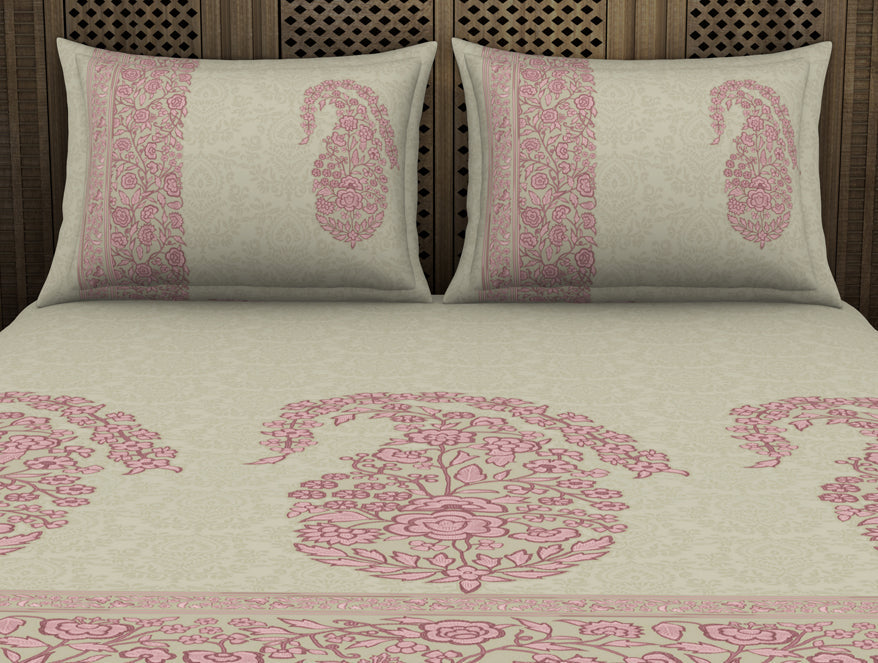 Floral Mellow Rose - Blush 100% Cotton King Size Bedsheet - Chamba Rumal - Rangana By Spaces