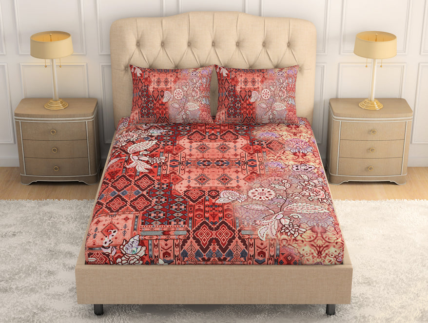 Floral Persimmon - Orange 100% Cotton King Size Bedsheet - Caravan By Spaces