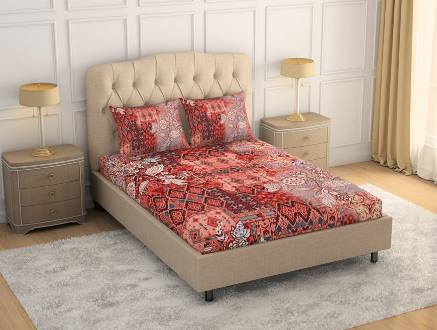 Floral Persimmon - Orange 100% Cotton King Size Bedsheet - Caravan By Spaces