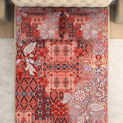 Floral Persimmon - Orange 100% Cotton King Size Bedsheet - Caravan By Spaces