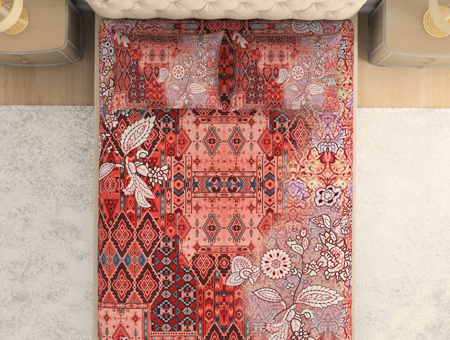 Floral Persimmon - Orange 100% Cotton King Size Bedsheet - Caravan By Spaces